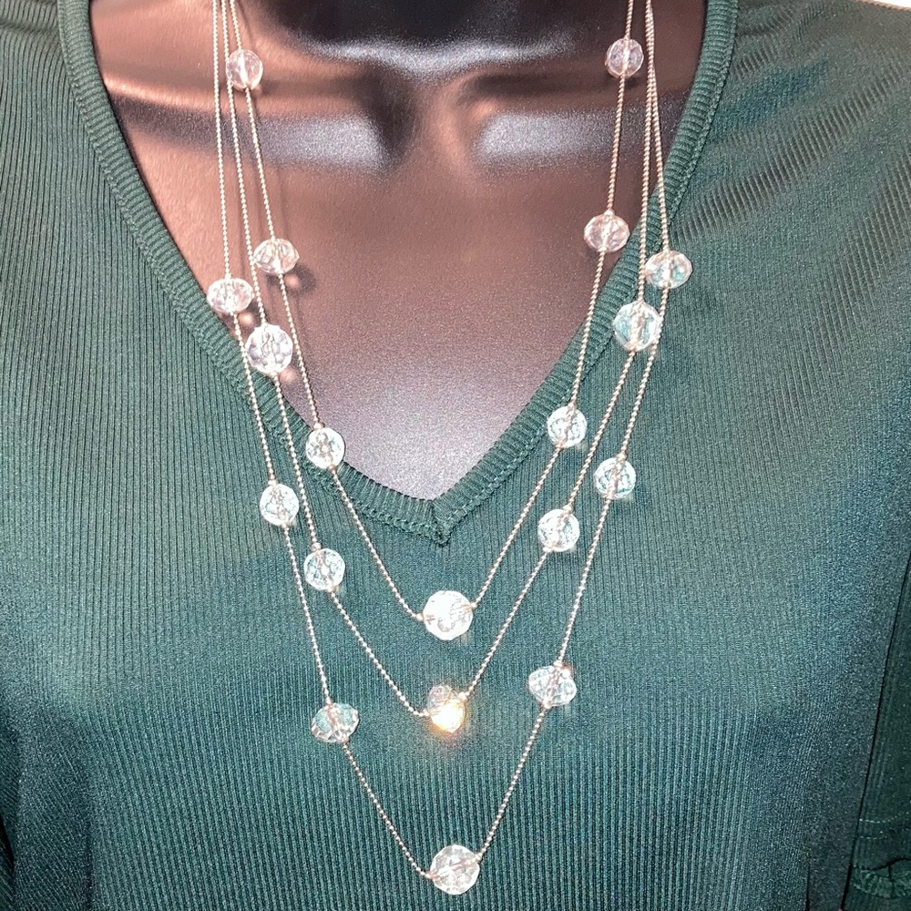 American Eagle Faceted Crystal Silver Long Layered Necklace Statement Jewelry - Picture 13 of 15